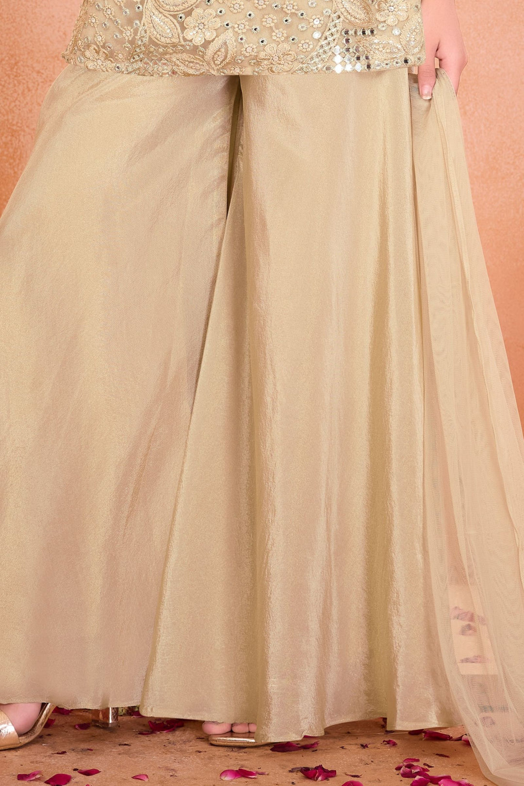 Fawn Sequins, Thread, Beads and Mirror work Palazzo Suit Set for Girls