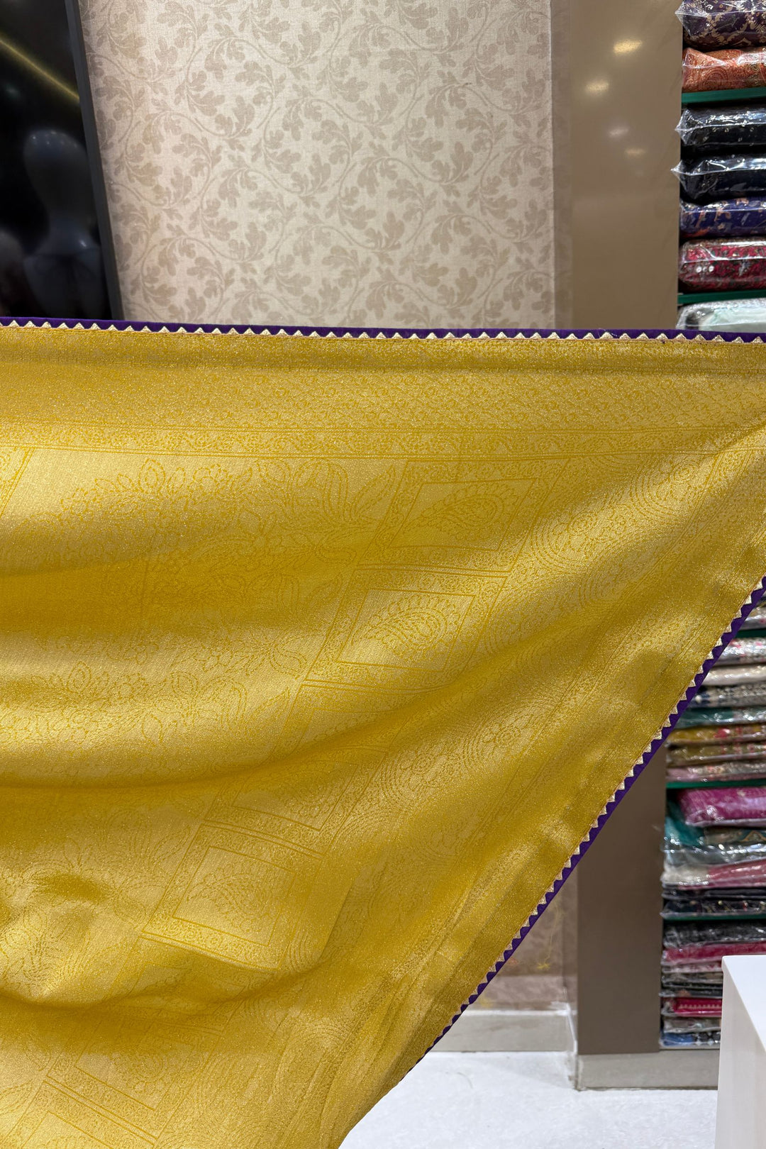 Mustard Saree with Purple Beads, Zari and Sequins work with Pochampally Print Blouse