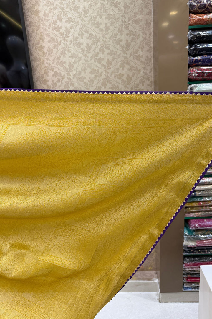 Mustard Saree with Purple Beads, Zari and Sequins work with Pochampally Print Blouse