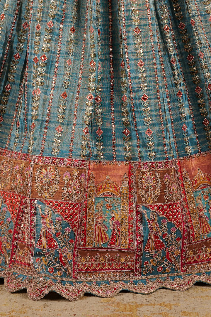 Green Mirror, Thread, Beads, Zari and Stone work Lehenga Choli for Girls