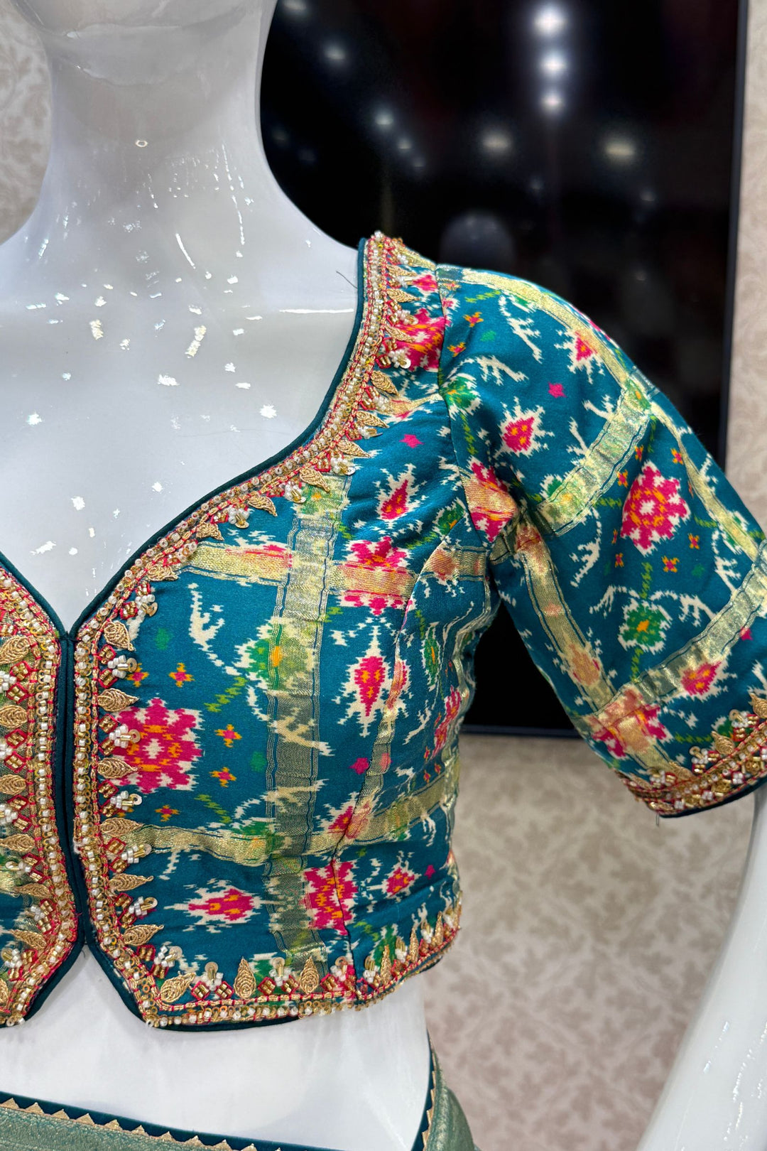 Sea Green Saree with Peacock Blue Beads, Zari and Sequins work with Pochampally Print Blouse