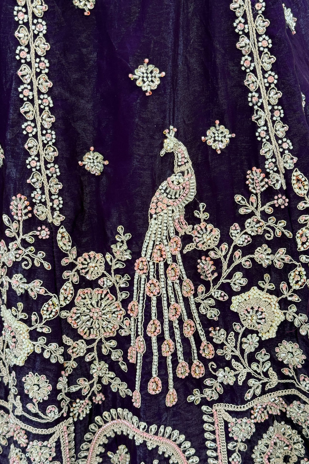 Purple Beads, Zari, Thread and Sequins work Crop Top Bridal Lehenga
