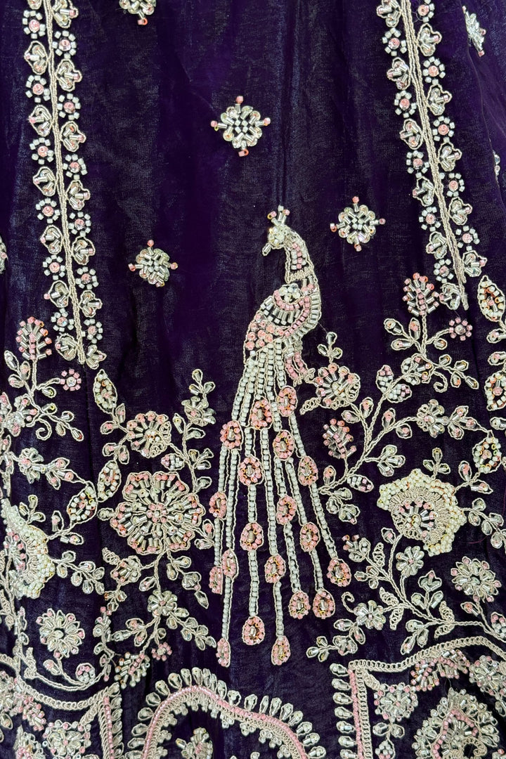 Purple Beads, Zari, Thread and Sequins work Crop Top Bridal Lehenga