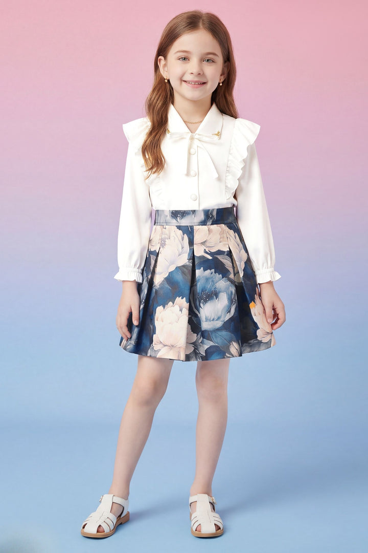 White with Blue Floral Print Top and Skirt for Girls