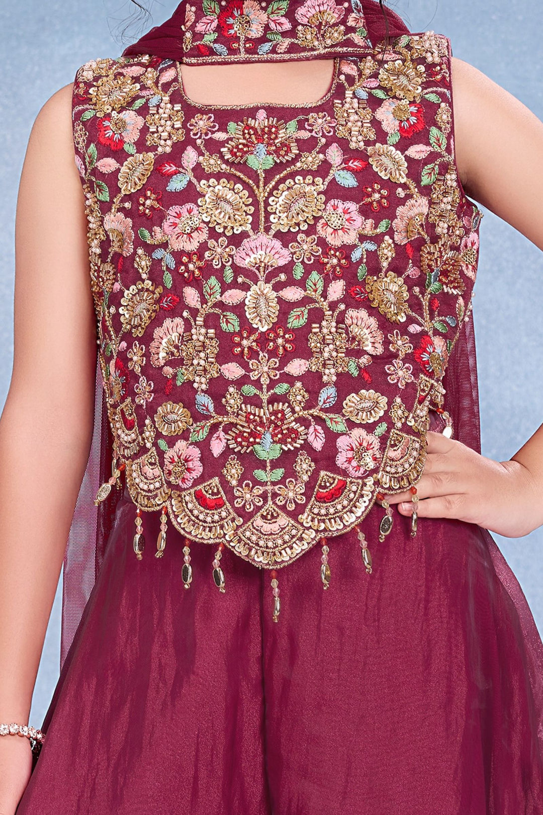 Magenta Beads and Embroidery work Palazzo Suit Set for Girls
