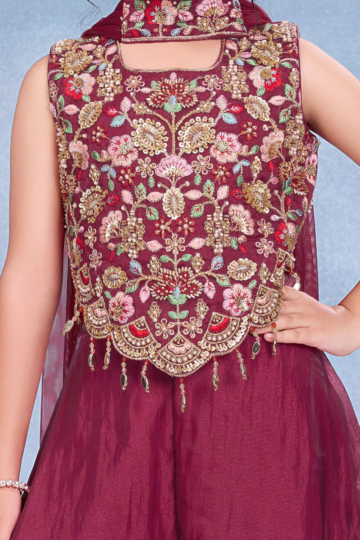 Magenta Beads and Embroidery work Palazzo Suit Set for Girls