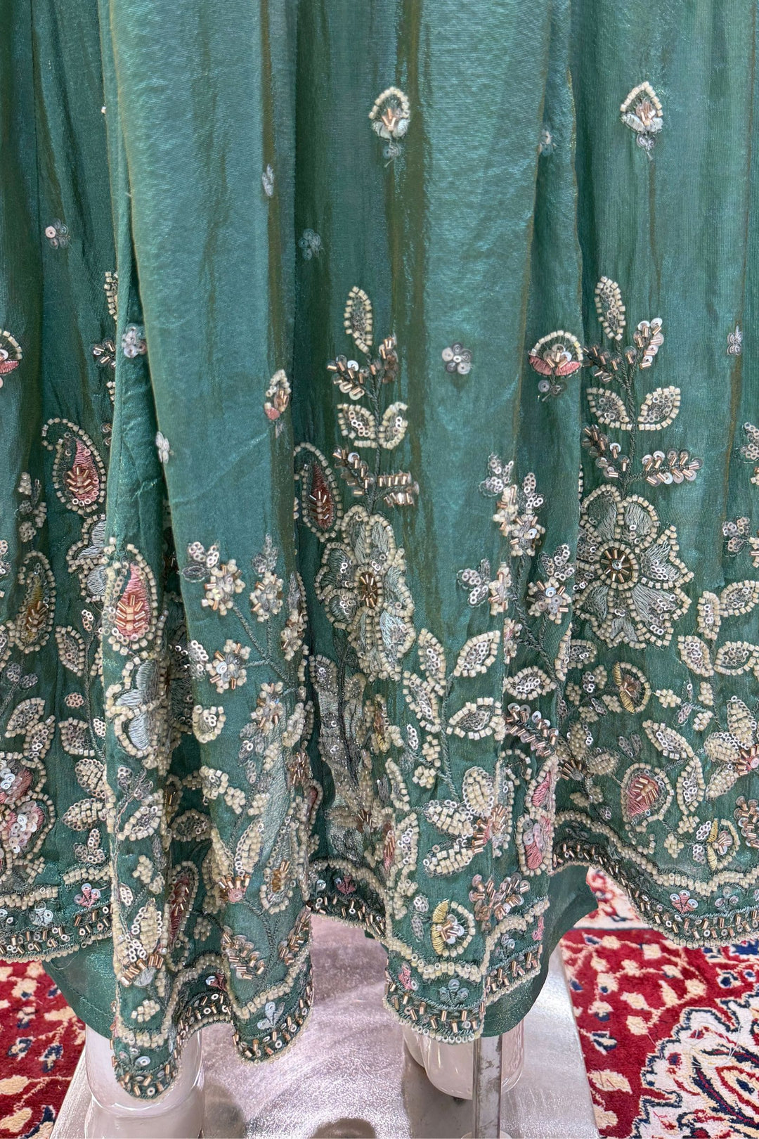 Sea Green Beads, Sequins and Thread work Long Top with Straight Pant