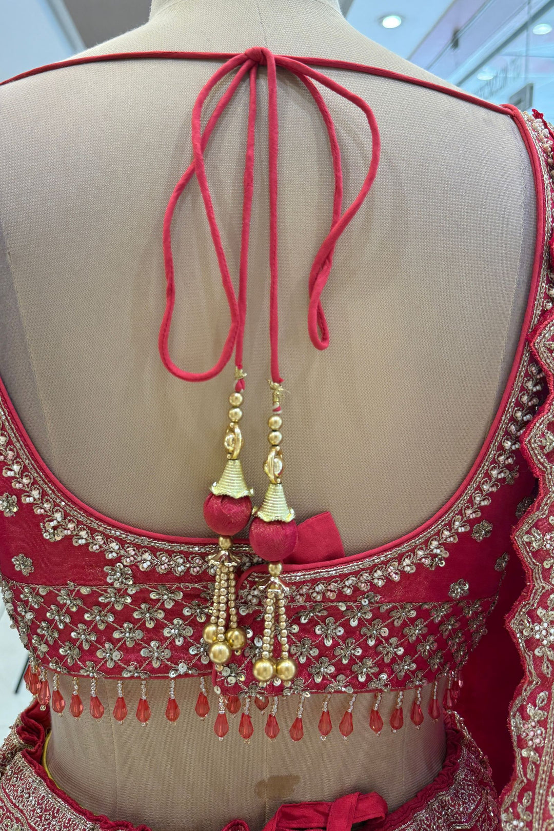 Coral Red Handworked Zardozi, Sequins, Pearl and Beads work Crop Top Designer Bridal Lehenga