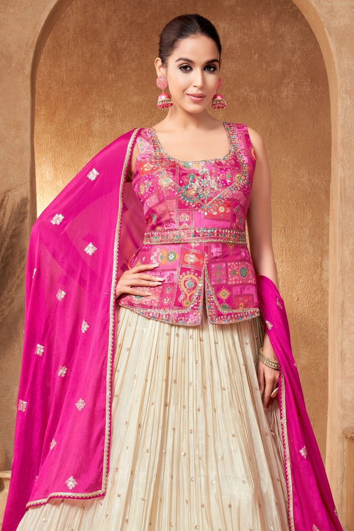 Rani Pink with Cream Banaras, Beads, Sequins, Zari and Stone work Peplum Style Lehenga