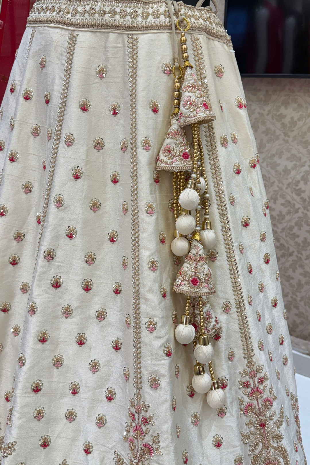 Designer Wedding Lehenga in Cream with Beads, Zari, Sequins and Thread Work