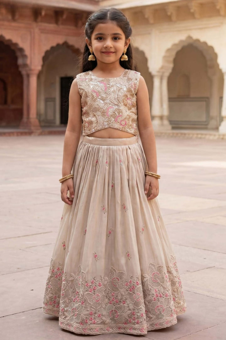 Cream Beads, Pearl, Thread, Zari and Sequins work Lehenga Choli for Girls