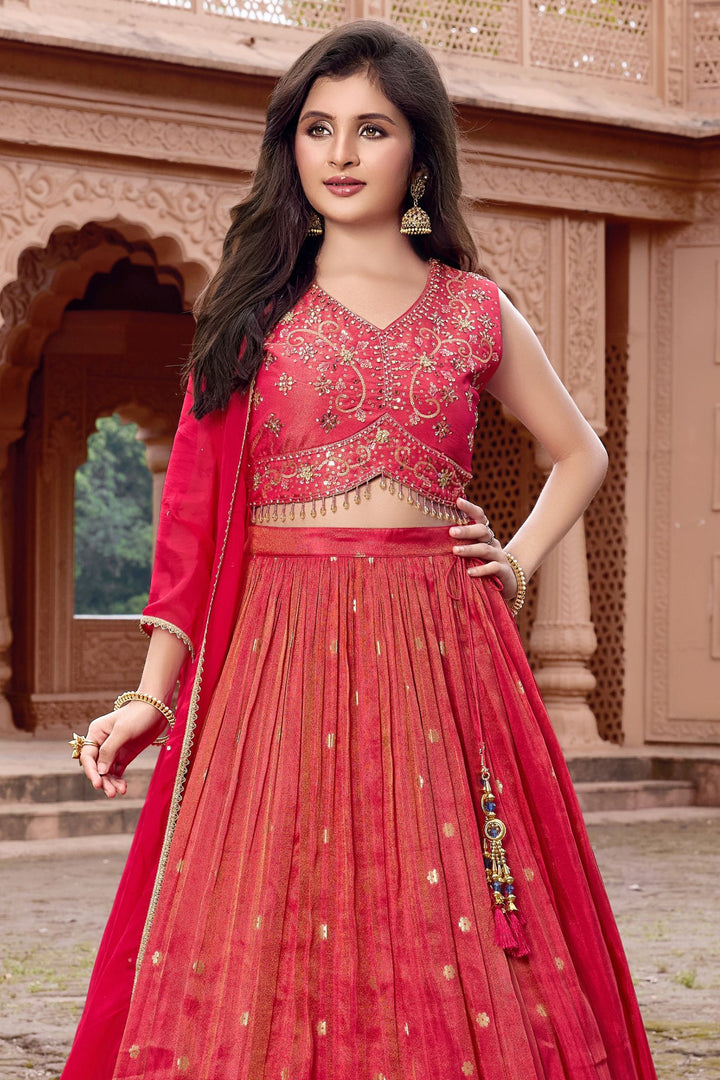 Tomato Red Stone, Mirror, Sequins, Beads and Banaras Zari work Lehenga Choli for Girls