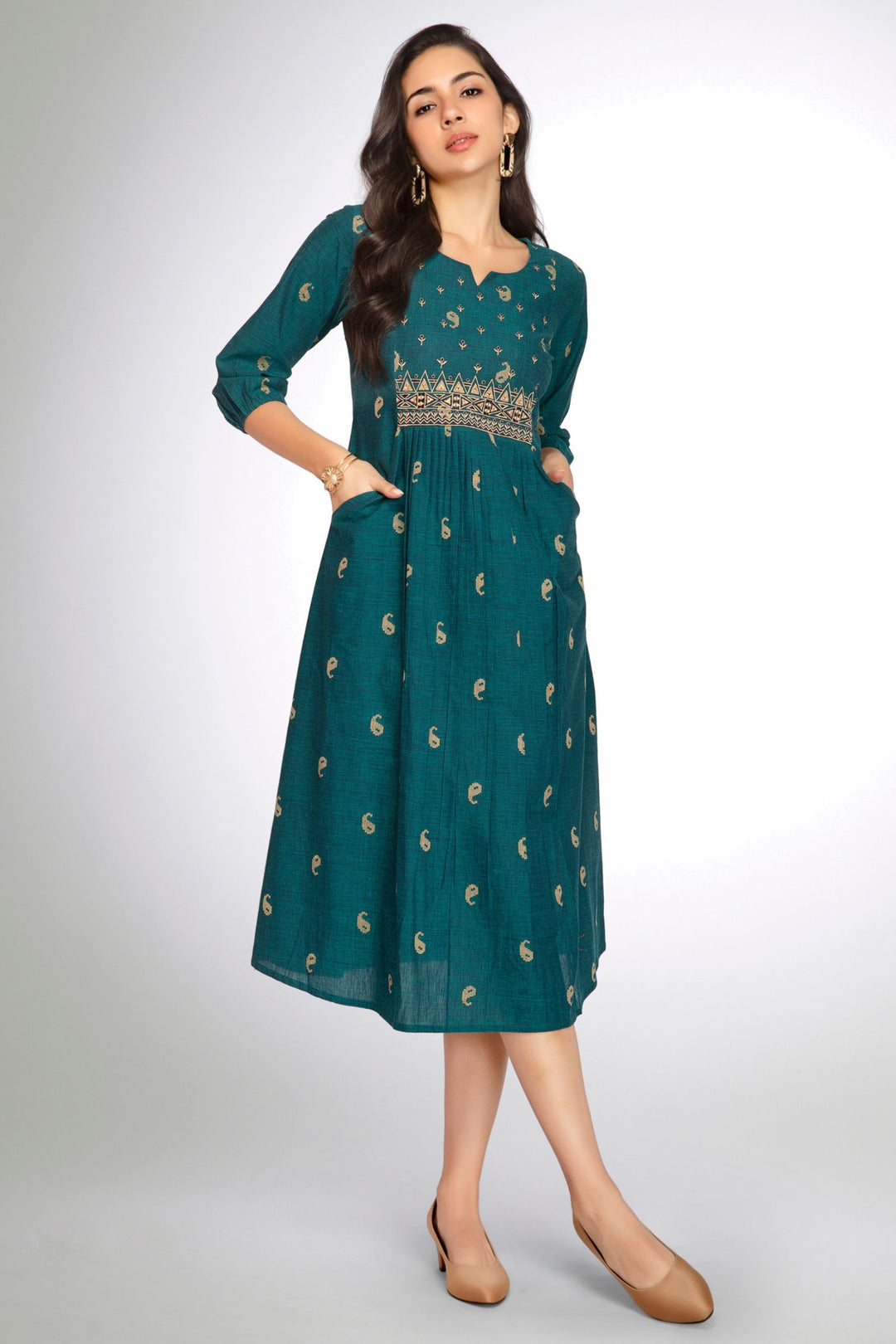 Peacock Blue Embroidery and Mirror work A-Line Cut Calf Length Kurti