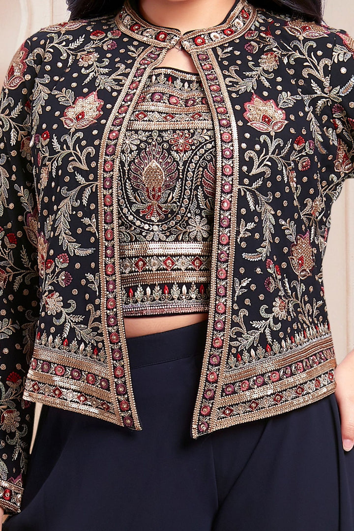 Navy Blue Multicolor Embroidery, Sequins and Zari work Jacket Styled Palazzo Set for Girls