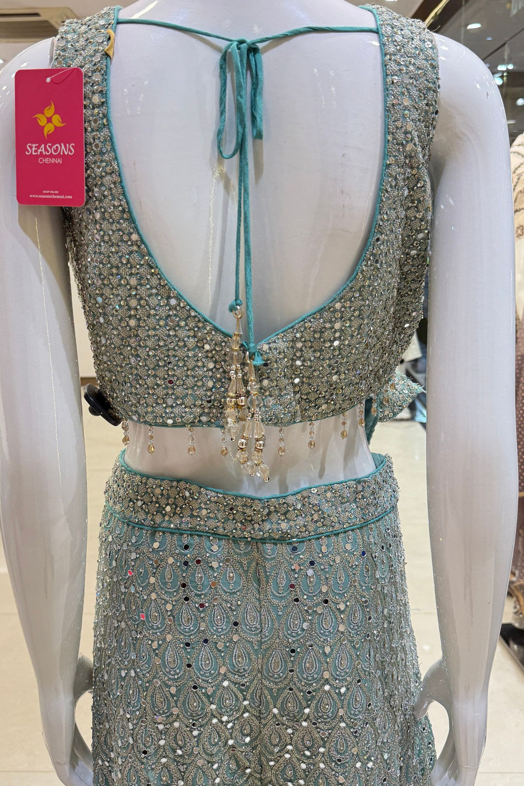 Sea Green with Peacock Green Sequins and Beads work Crop Top with Palazzo Pant