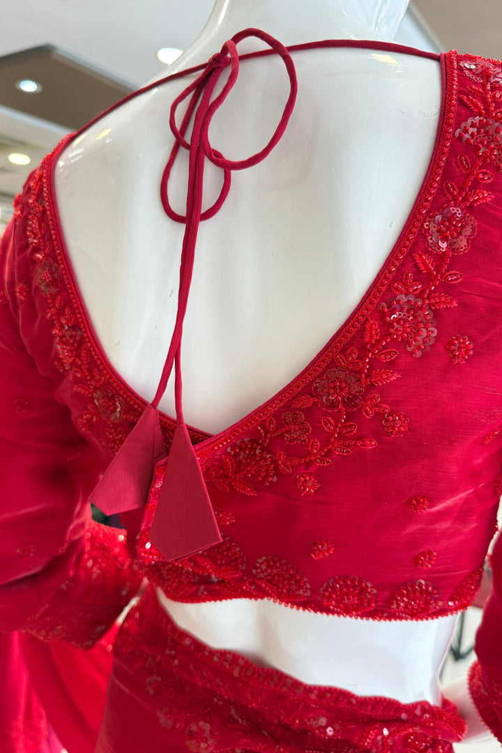Red Beads, Thread and Sequins work Saree