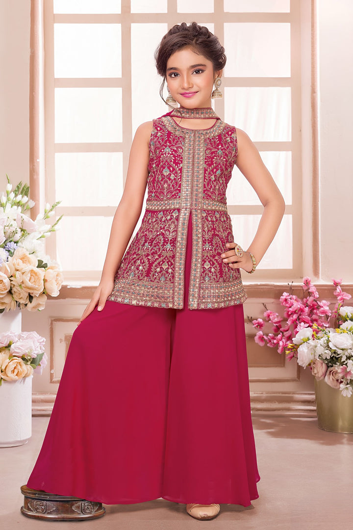 Rani Pink Sequins, Stone and Multicolor Thread work Palazzo Suit Set for Girls