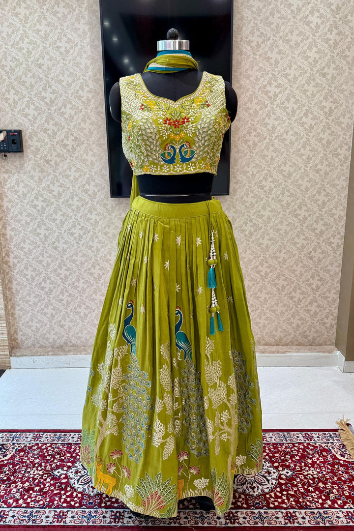 Mehendi Green Zari, Zardozi, Mirror, Stone and Multicolor Embroidery work Crop Top Lehenga
