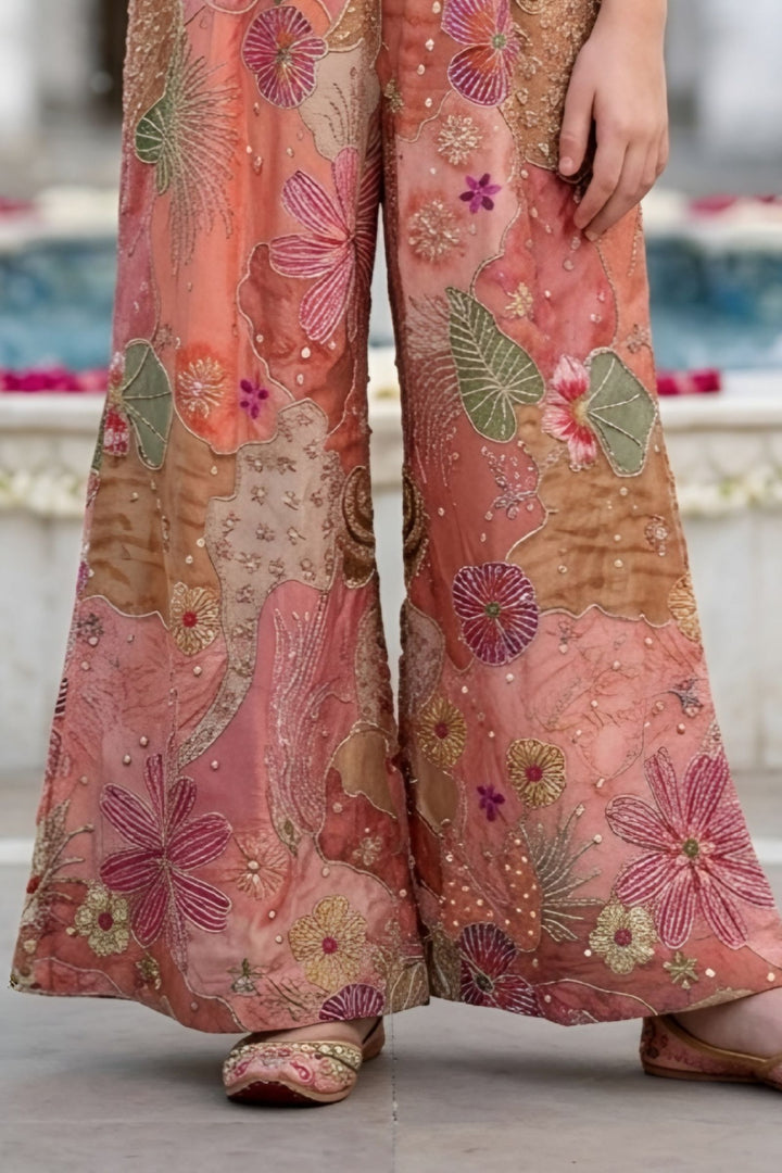 Peach Zari, Mirror and Sequins work with Floral Print Long Jumpsuit for Girls