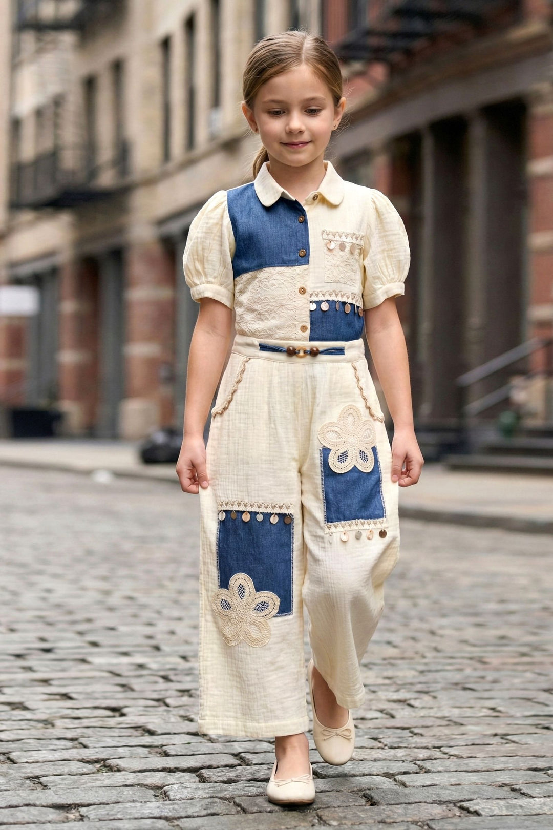 Cream with Blue Lace work Top and Palazzo Set for Girls