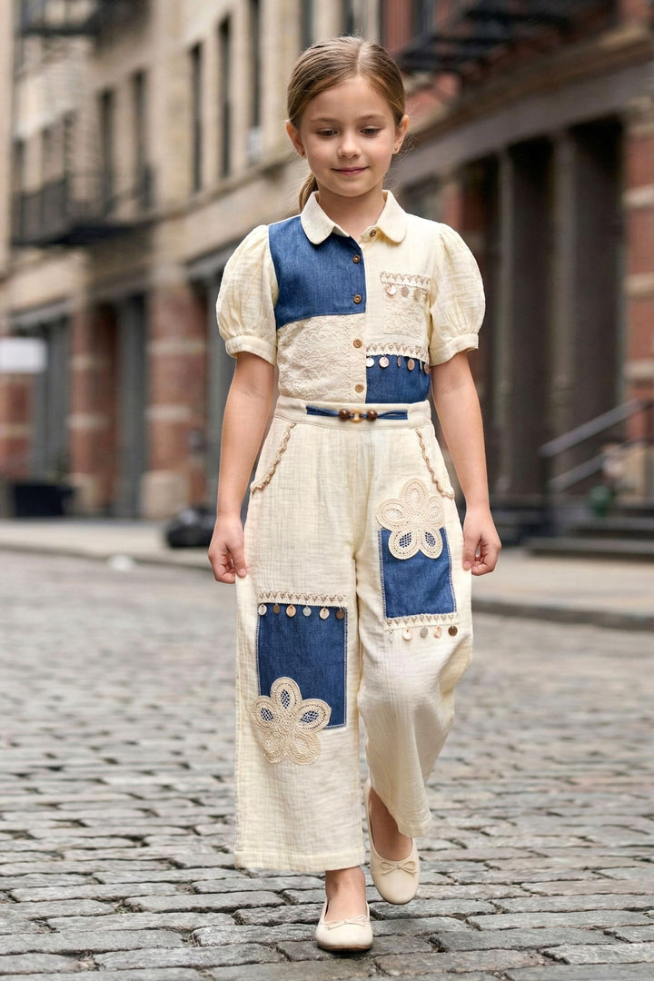 Cream with Blue Lace work Top and Palazzo Set for Girls