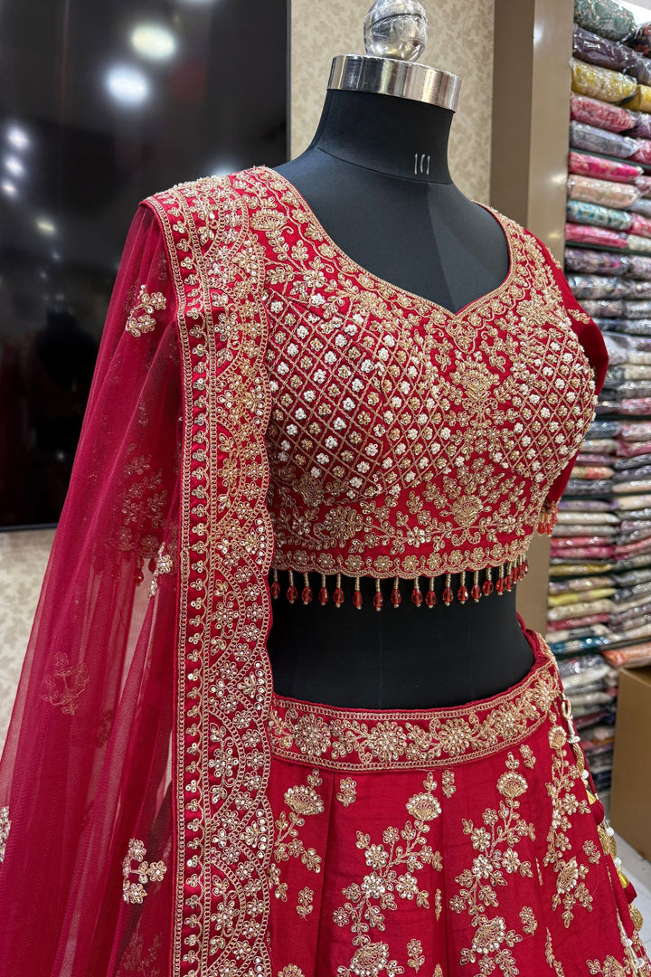 Maroon Beads, Zari, Zardozi and Sequins work Crop Top Designer Bridal Lehenga with Belt