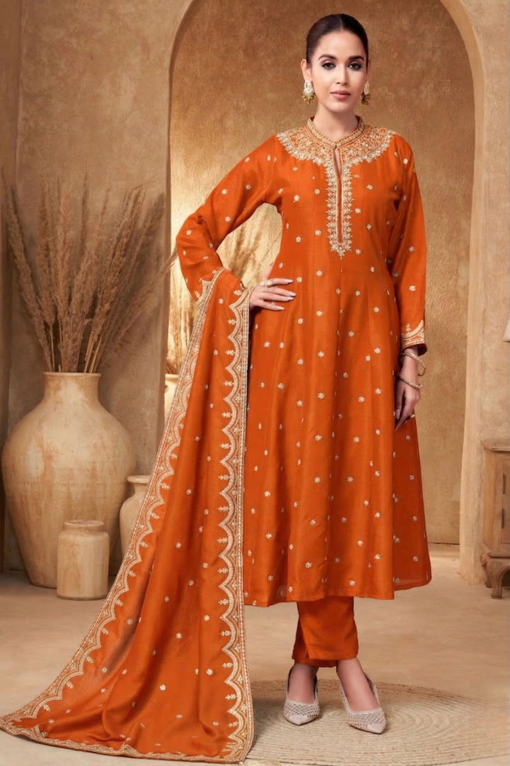 Orange Zari, Zardozi, Sequins and Stone work A-line Cut Salwar Suit