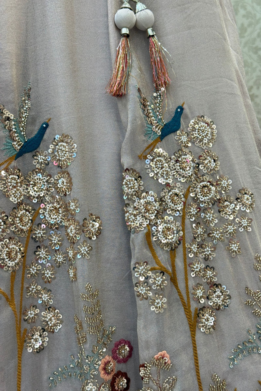 Beige Wedding Lehenga with Bird and Deer Motifs and Floral Bloom Embroidery with Belt
