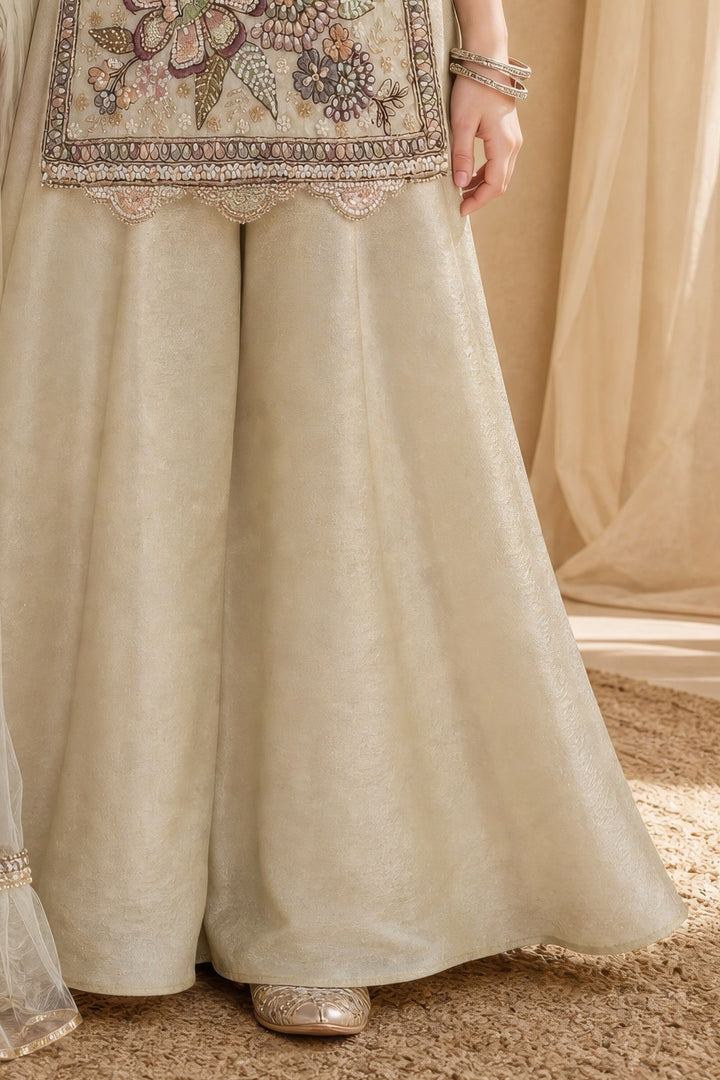 Beige Embroidery, Sequins and Beads work Palazzo Set for Girls