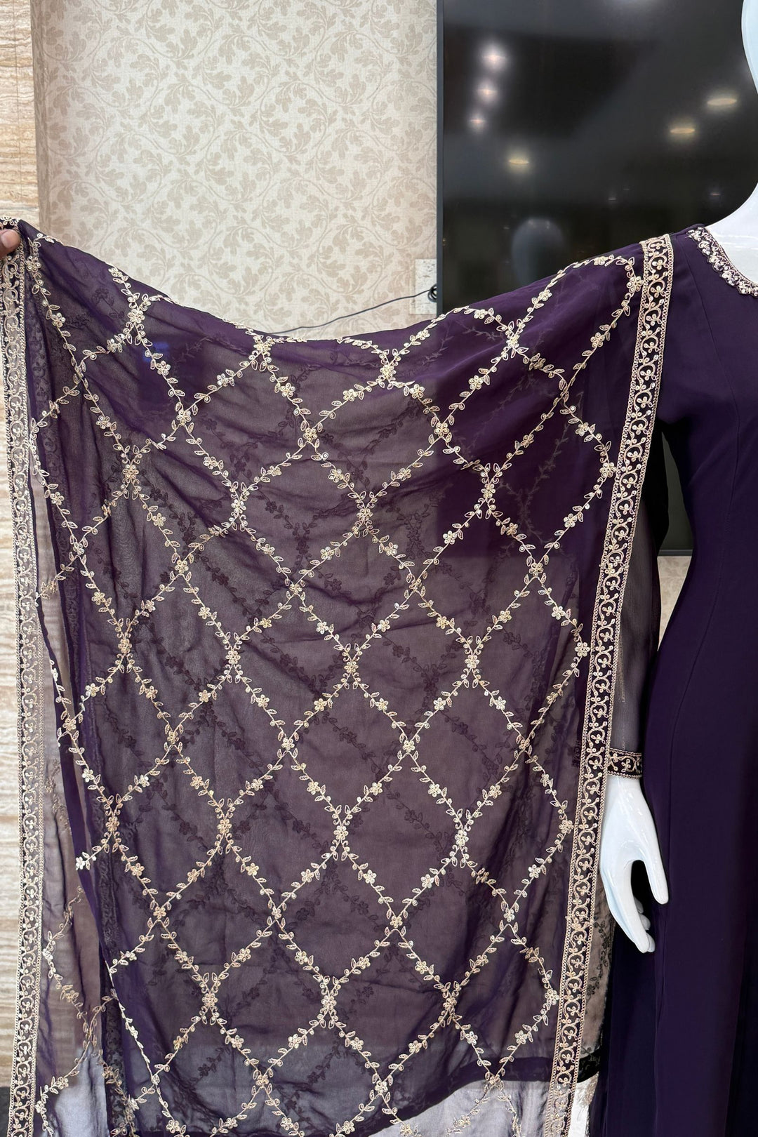 Dark Wine Stone, Sequins, Zardozi and Beads work Aline Cut Salwar Suit