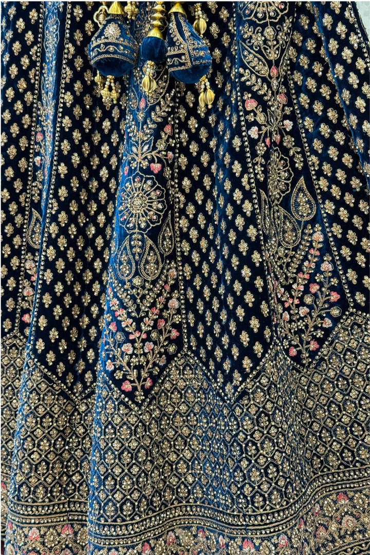 Peacock Blue Zardozi, Beads and Embroidery work Crop Top Designer Bridal Lehenga