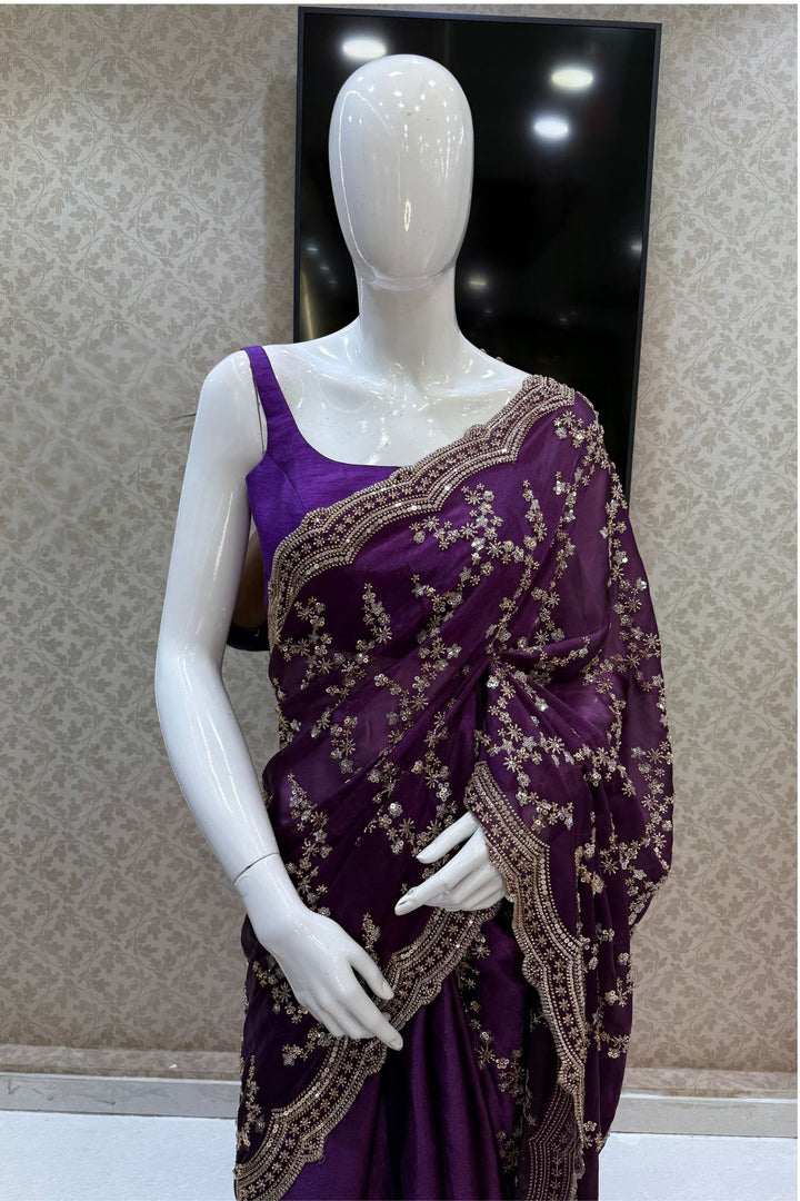 Violet Beads, Zari and Sequins work Saree
