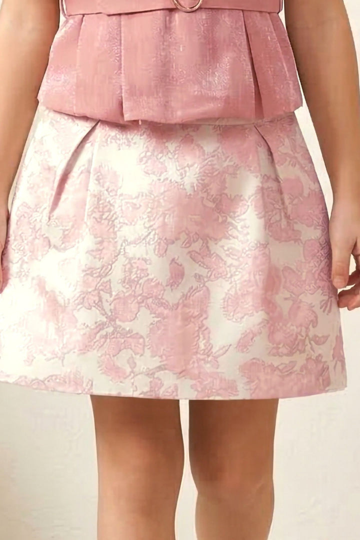 Peach Top and Cream Zari work with Digital Print Skirt for Girls