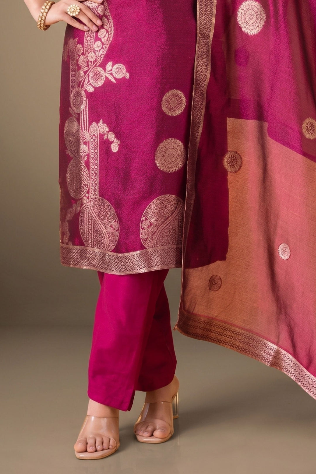 Magenta Banaras, Zardozi, Zari, Sequins and Stone work Straight Cut Salwar Suit