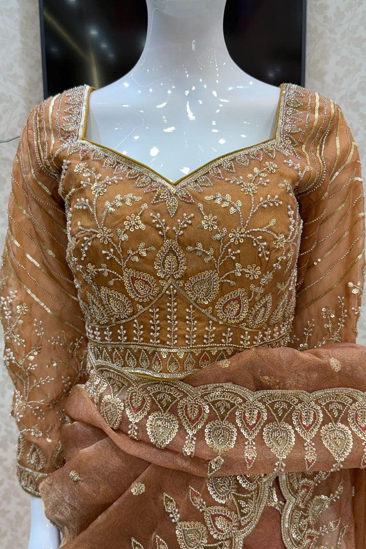 Mustard Pearls, Beads and Multicolor Thread work with Self Print Saree