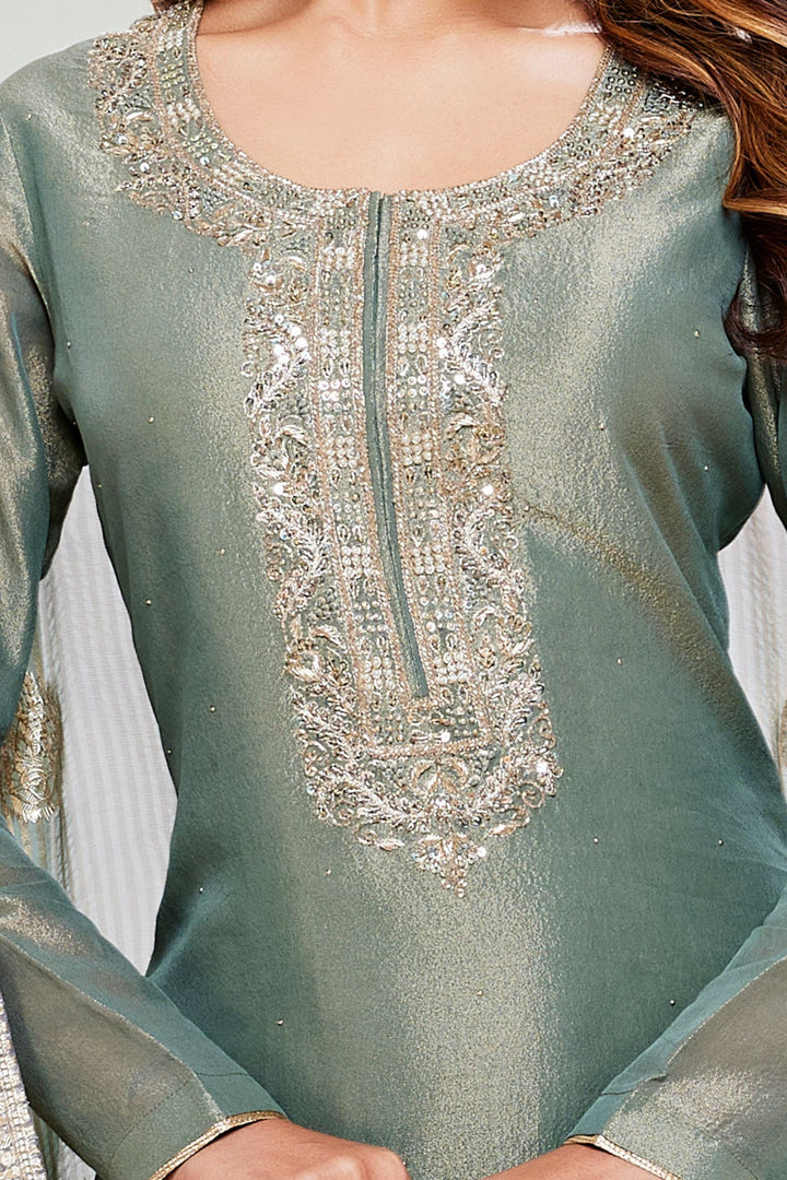 Peacock Green Beads, Pearl, Zardozi, Sequins and Zari work Straight Cut Salwar Suit