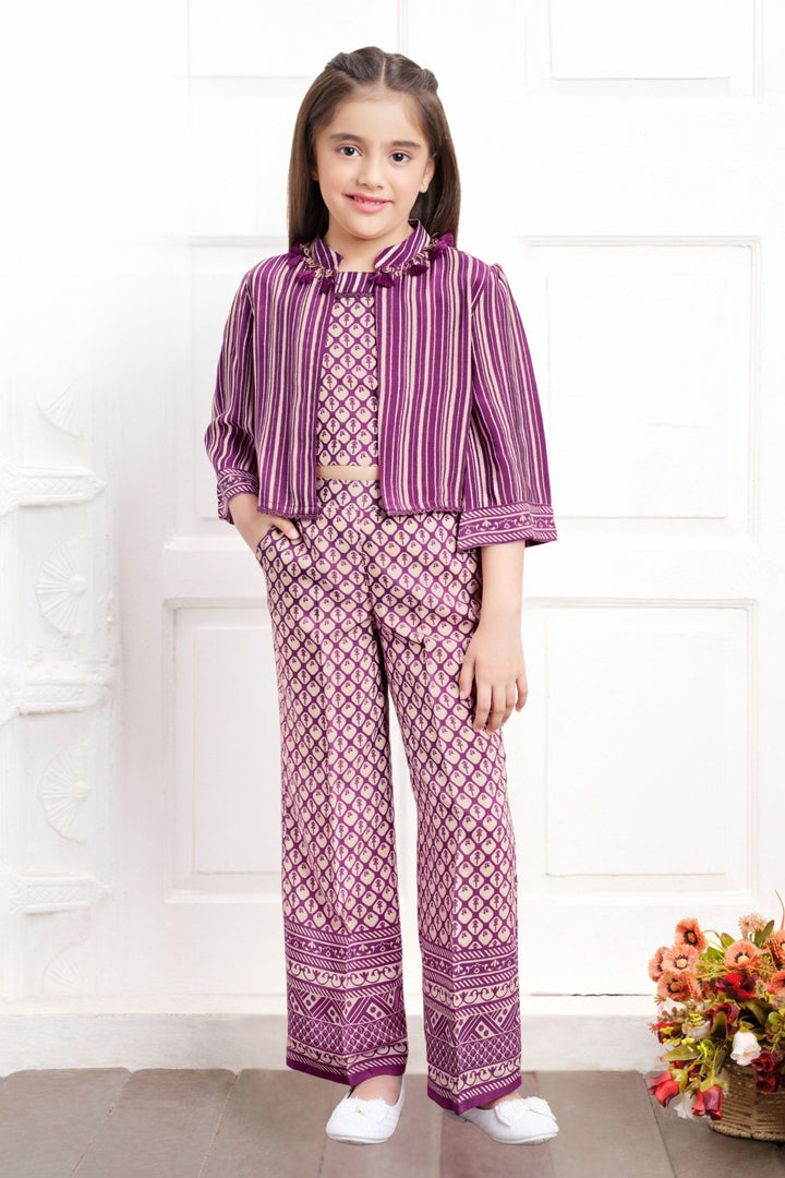 Wine Multicolor Digital Print Jacket Styled Co-ord Set for Girls