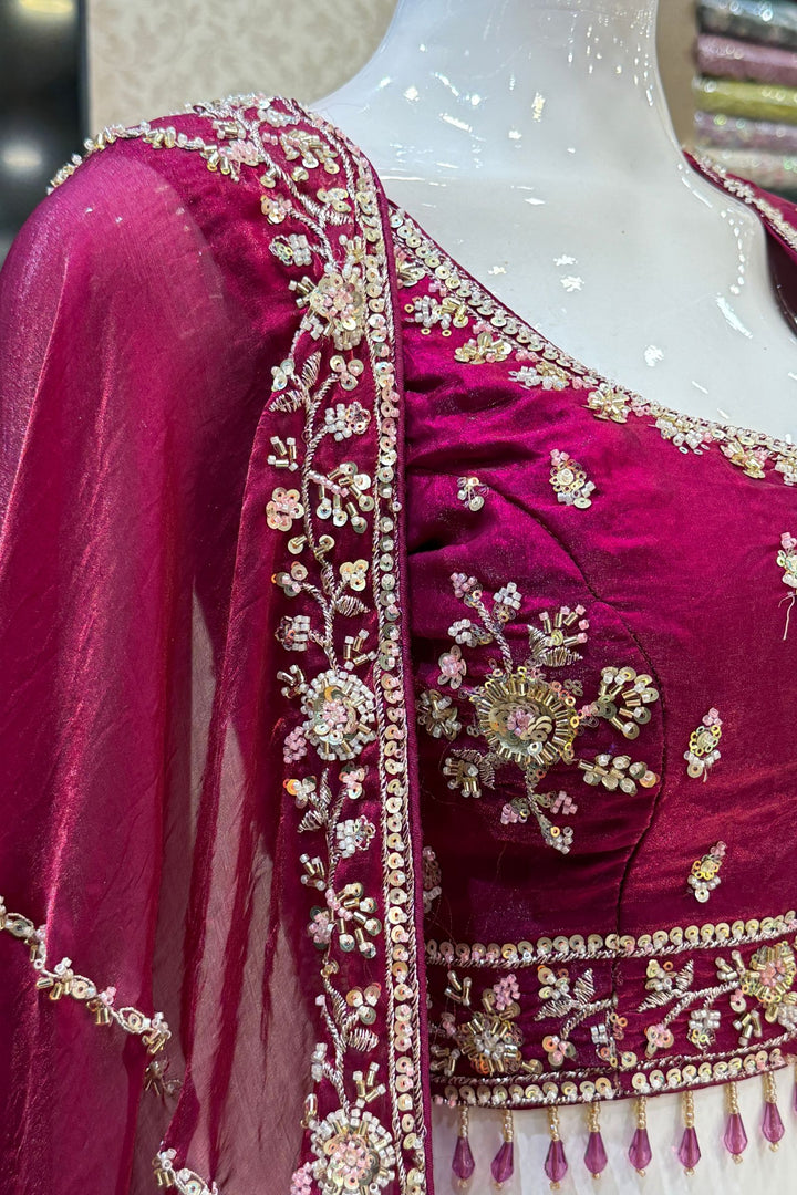 Magenta Beads, Zari and Sequins work Crop Top Bridal Lehenga