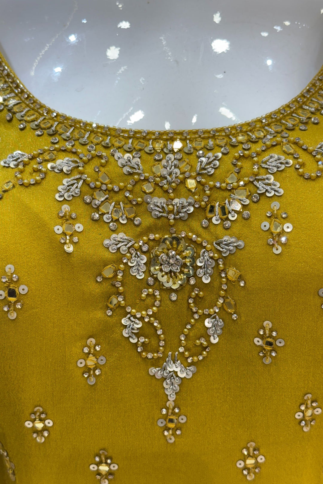 Yellow Mirror, Stone, Sequins, Zari, Beads and Banaras work Top with Lehenga