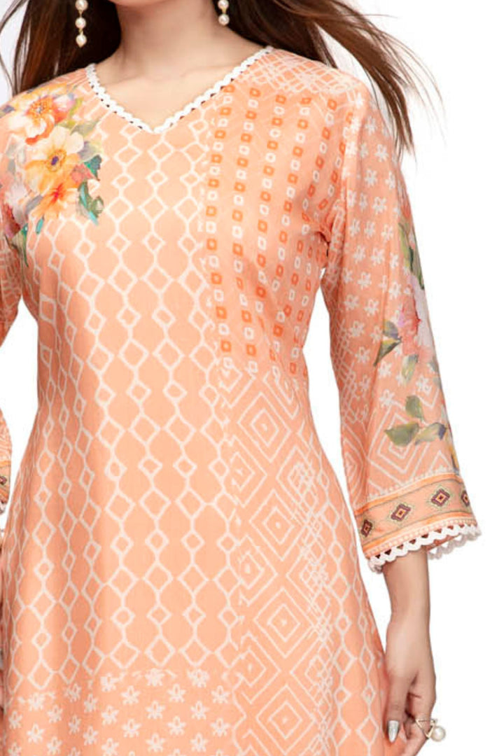 Peach Floral Printed Kurta with Geometric Pattern