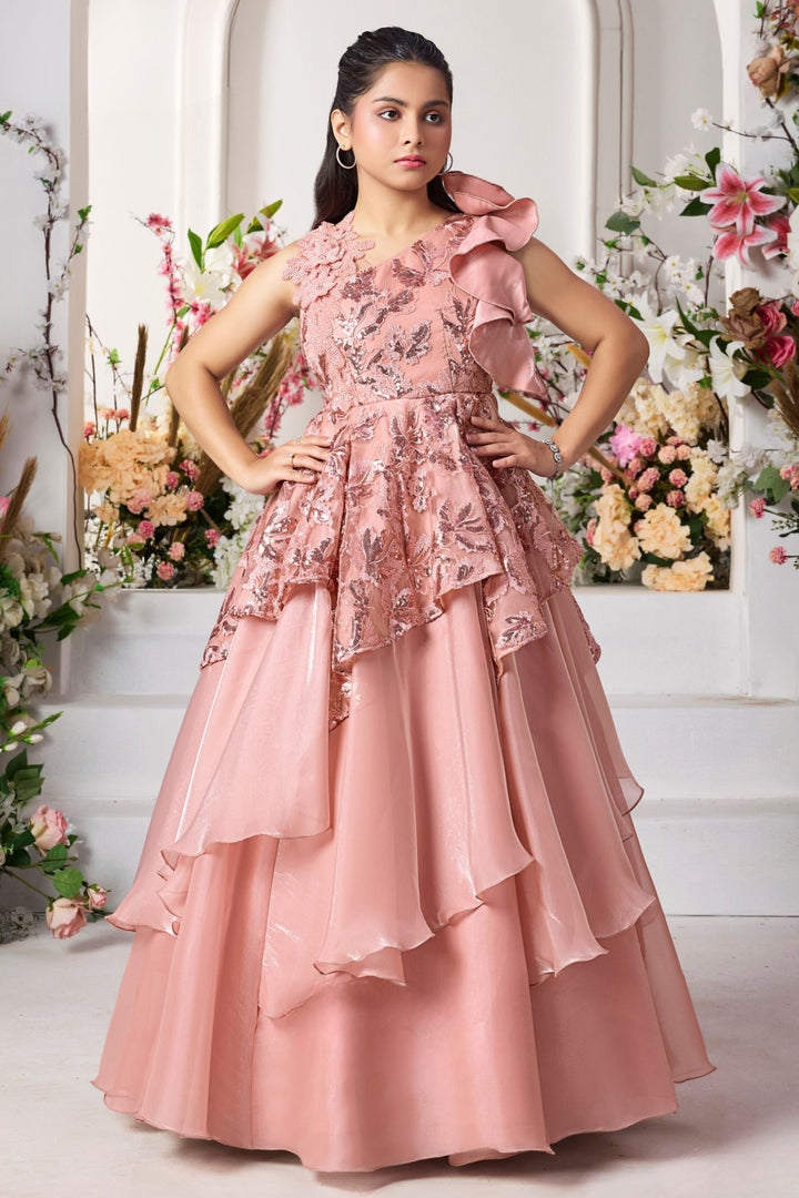Peach Sequins and Thread work Long Party Gown for Girls