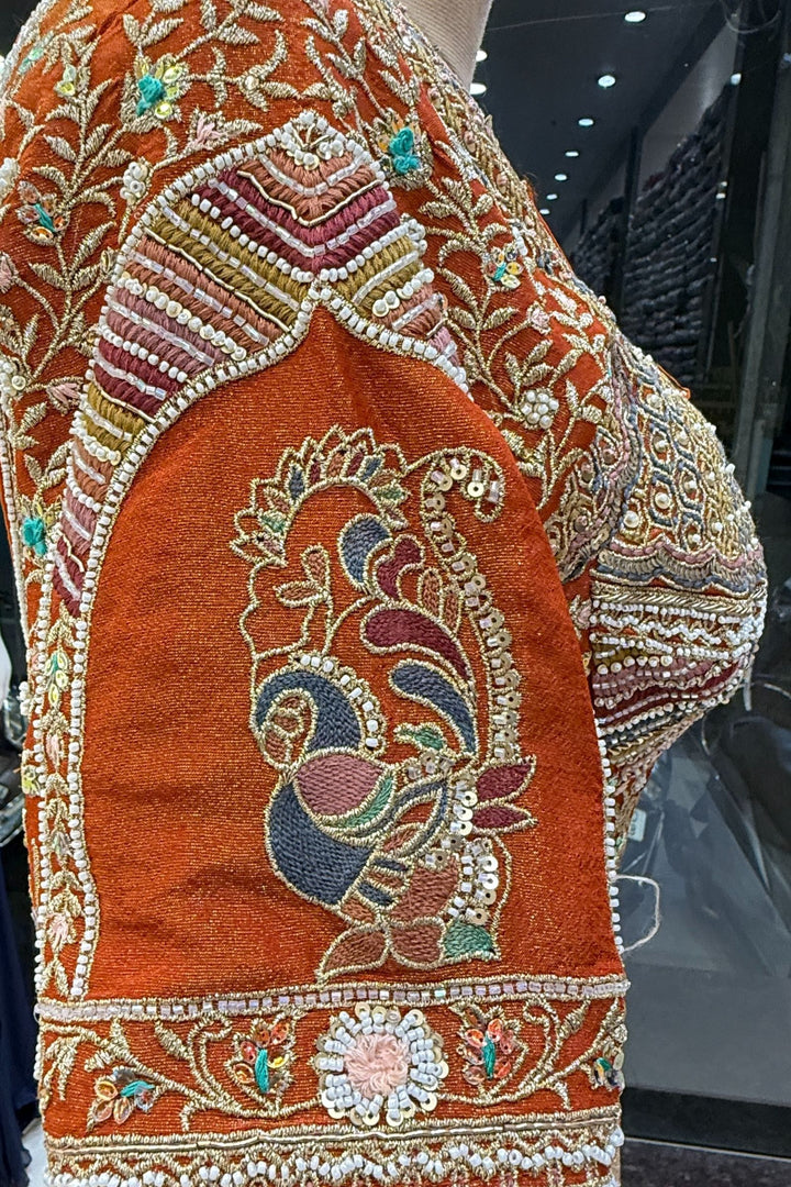 Orange Zari, Sequins, Beads and Multicolor Thread work Crop Top Lehenga