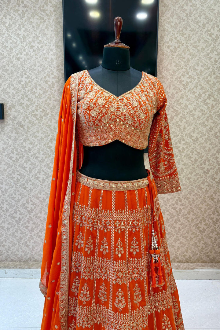 Orange Sequins and Zari work Crop Top Lehenga