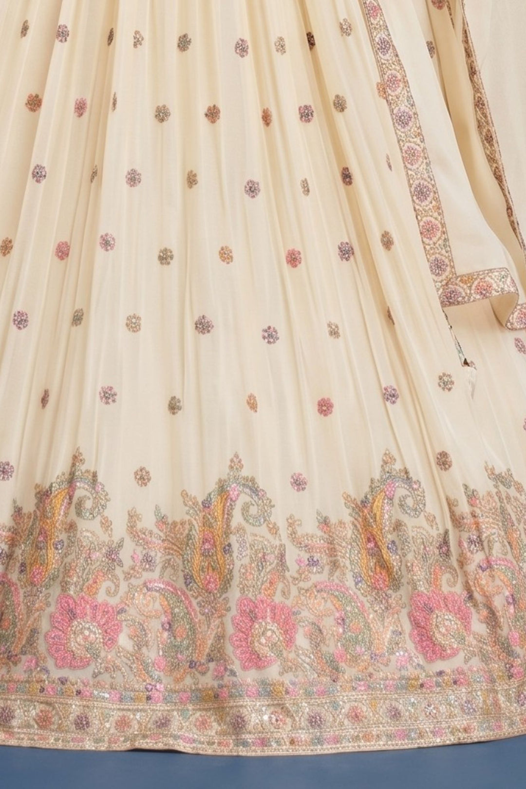 Cream Multicolor Embroidery, Sequins and Zari work Lehenga Set