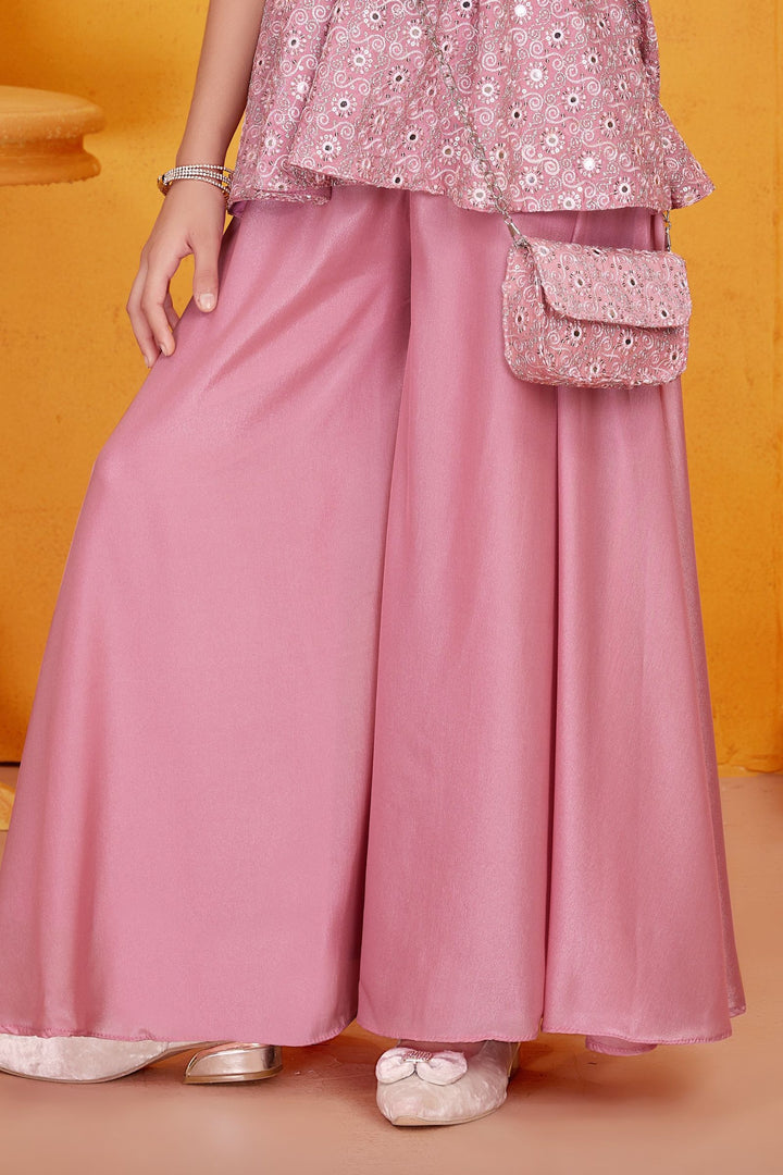 Baby Pink Embroidery, Sequins, Zari and Beads work Peplum Top and Palazzo Set For Girls