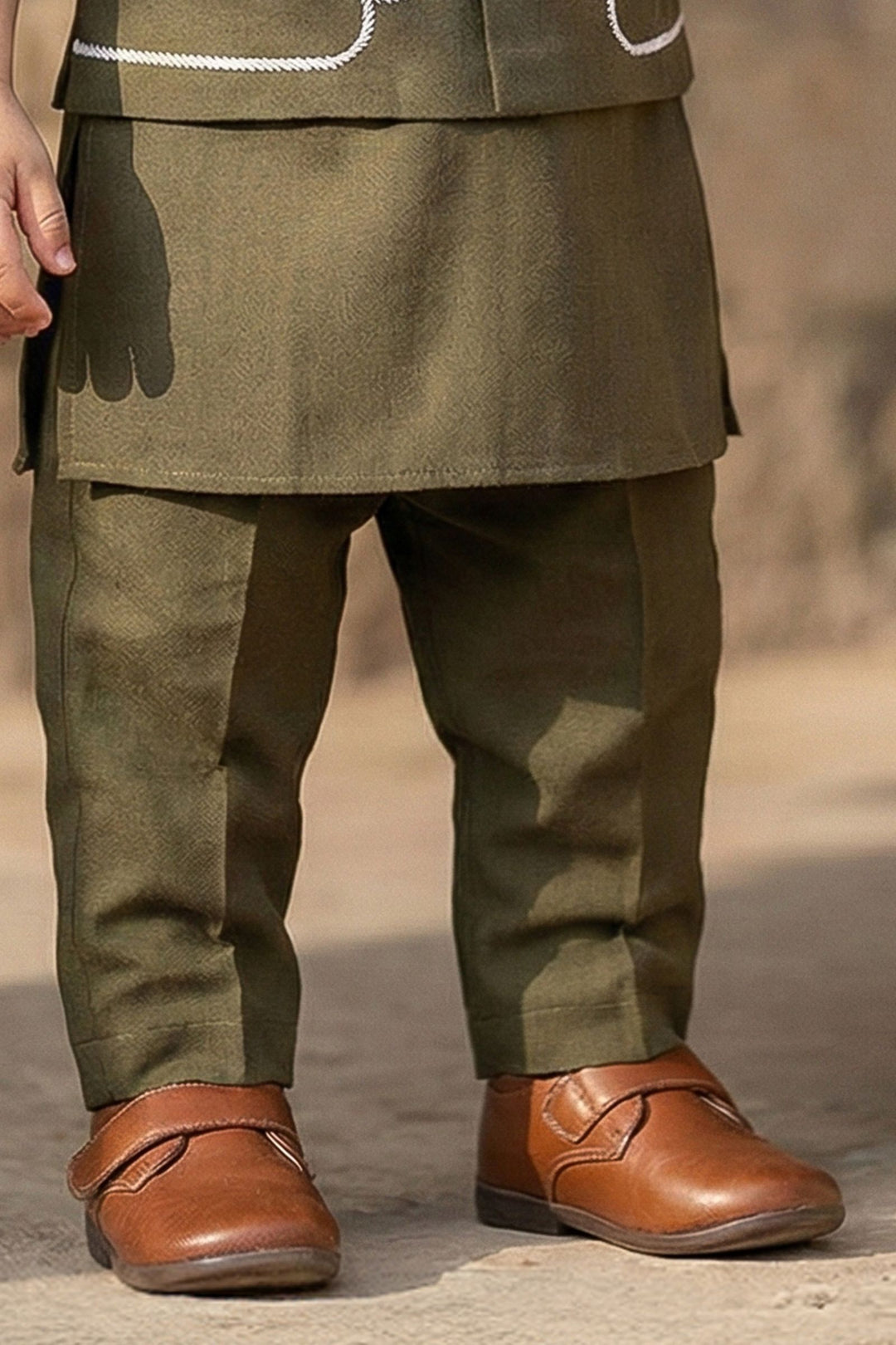 Olive Green Thread work Waist Coat Kurta Set for Boys