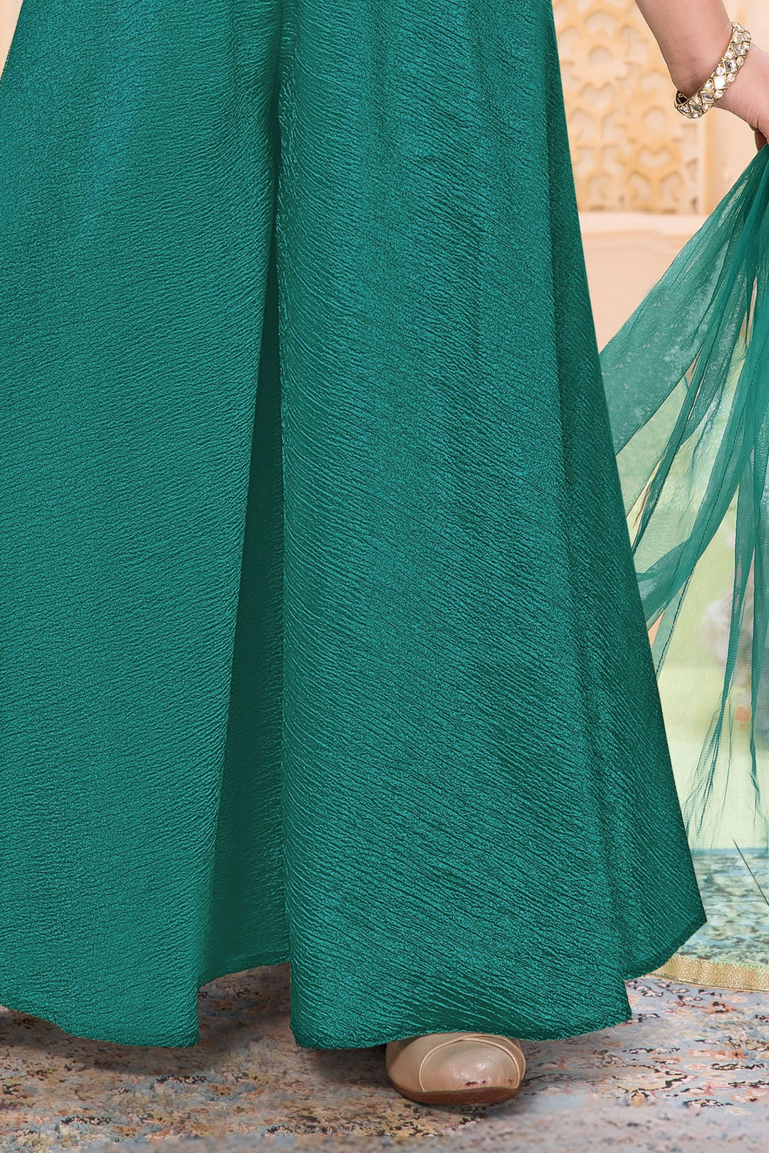Sea Green Beads, Zari and Multicolor Thread work Palazzo Suit Set for Girls