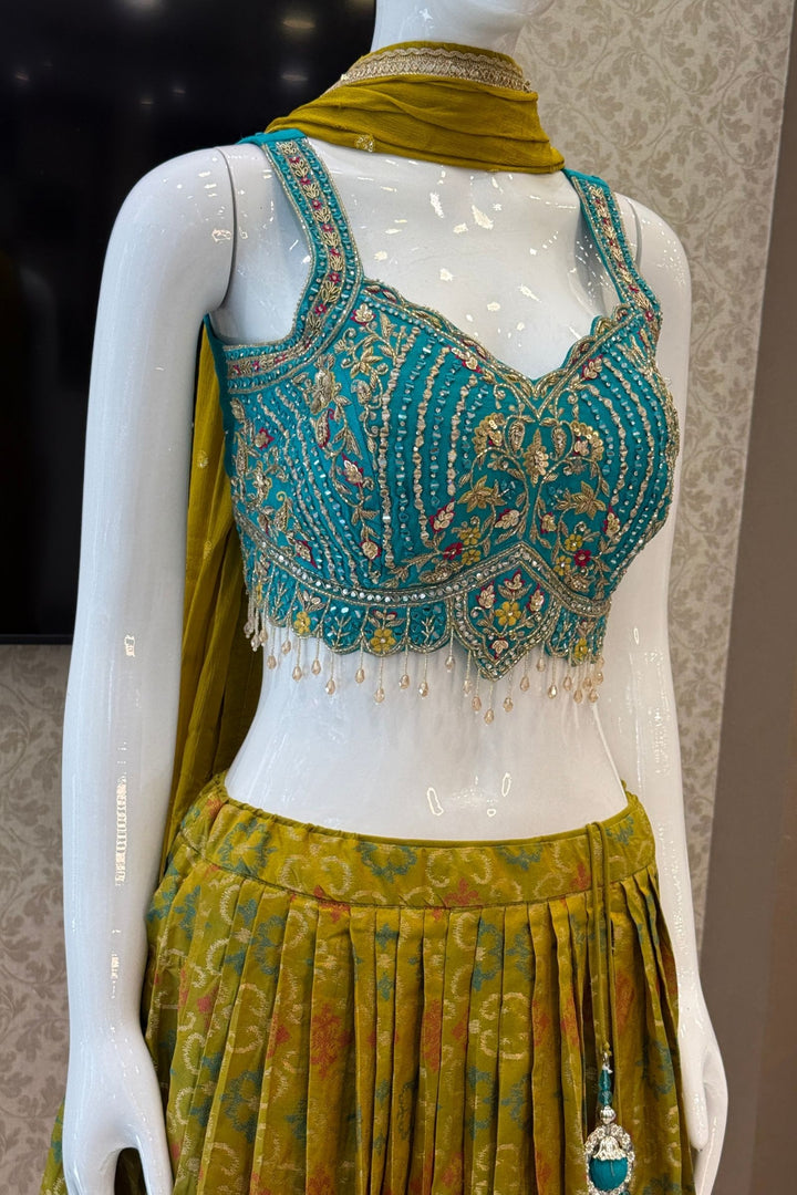 Rama Blue with Olive Green Mirror, Stone, Beads and Banaras work Lehenga