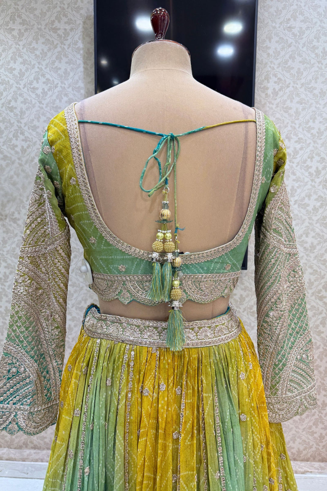 Yellow with Green Sequins, Zari and Beads work with Bandini Print Crop Top Lehenga