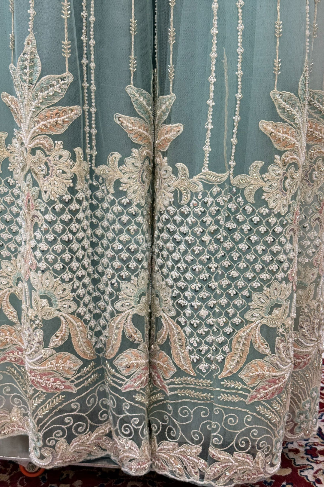 Sea Green Beads, Multicolor Embroidery and Sequins work Palazzo Suit Set